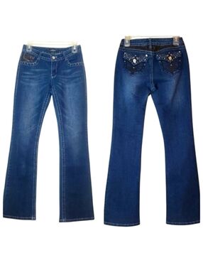 Southpole Blue Denim Black Faux Leather Beaded Jeans